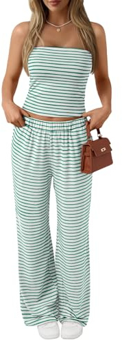 Trendy Queen Womens 2 Piece Lounge Sets Matching Summer Beach Vacation Outfits 2026 Pajamas Striped Crop Tube Tops Wide Leg Pants Pockets Travel Clothes GreenWhite M