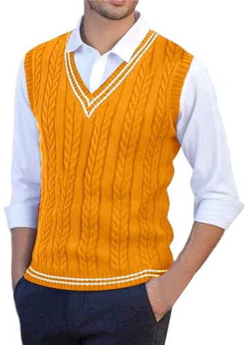 DFEK Sleeveless Jumper Men Sweater Vest V Neck Knitted Wool Sweaters Tank Tops Slipover Gilet Casual Knitwear for Men UK Autumn Winter Cable Knitted Waistcoat(Yellow,L)
