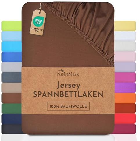 NatureMark Jersey Spannbettlaken, Spannbetttuch 100% Baumwolle in vielen Größen und Farben MARKENQUALITÄT ÖKOTEX Standard 100 | 200x220 cm +40 Steg - Schoko braun
