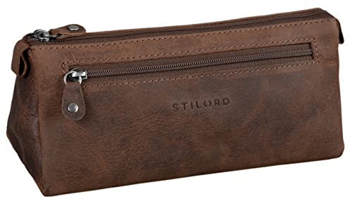 STILORD 'Alexis' Vintage Leder Etui Stiftemappe mit 2 Fächern und Reißverschluss Federtasche Federmäppchen Schlampermäppchen Echtes Leder, Farbe:Missouri - braun