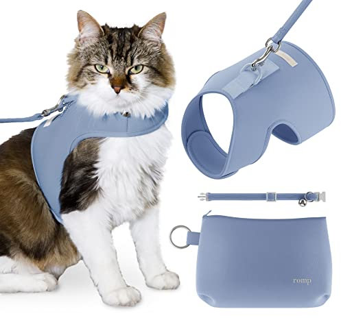 Katzengeschirr, Halsband und Leine, ausbruchsicher, verstellbar, mit Klettverschluss, für Katzen und Kätzchen, Baumwolle, Blau, Größe M