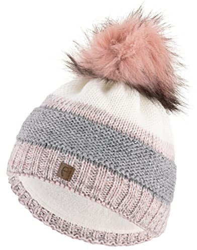 Faera Mütze Damen Wintermütze Pailletten gefüttert mit Fleecefutter Winter Herbst Bommelmütze Beanie Mädchen 74, Farbe:Rose