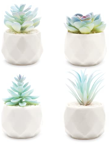 VIVERIE Mini Blue Artificial Succulent in Pots (White Ceramic, 4 Pot Set) Fake Plants for Indoors, Office Decor Blue Gift for Women, Office Home Decor Gifts-Faux Plant