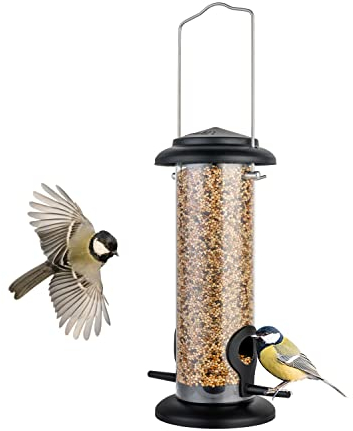 iBorn Metall-Vogelfutterhaus zum Aufhängen für Wildvogelfutter, Vogelfutterspender，geeignet für Mischfutter, Niger-Saat,Sonnenblumenkerne, robuste Ganzmetall-Ausführung,20cm(8 Zoll),Schwarz