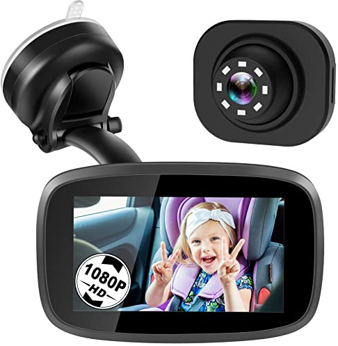 1080P Baby Car Mirror, Shybaby 4.3 Baby Car Camera Monitor with 170° Wide View, HD Night Vision Function and Reusable Sucker Bracket, Safety Rear Facing Cars Set Camera for Infants Kids Toddlers