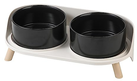 Elevated Dog Food Water Bowl - Raised Dog Bowls with Stand Non Skid - Double Dog Feeding Bowl Set with Splash Proof Guard - Ceramic Pet Dish for Small to Medium Dogs and Large Cats - 11.3 oz - Black