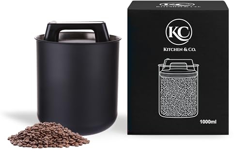 KC Kitchen & Co. Kaffeedose luftdicht für 250 g Kaffeebohnen – Edelstahl Vorratsdose mit Vakuumdeckel & Aromaverschluss – Aufbewahrungsdose für Kaffee, Tee, Zucker, Müsli – Mattschwarz (1000 ml)