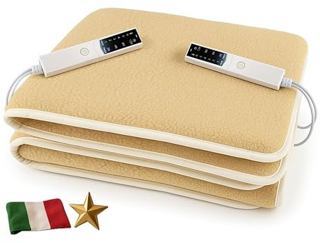 Coprimaterasso Elettrico Scaldaletto 150x150 Beige Made in Italy, Lavabile, Anallergico, 6 Temperature, 4 Timer, Lato Comando Personalizzabile
