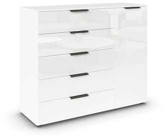 Rauch Möbel Flipp, Kombikommode, Kommode mit Stauraum für Wohnzimmer, Schlafzimmer, Flur, 2 Fachböden, Alpinweiß/Glasfront Weiß, 1-türig, 5 Schubkästen, Griffe Graphit, 120x100x42cm