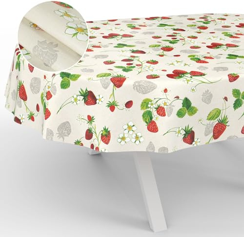 Nappe en Toile cirée, Lavable, pour Table de Jardin, extérieur et intérieur, Ovale, 220 x 140 cm, Motif Fraises