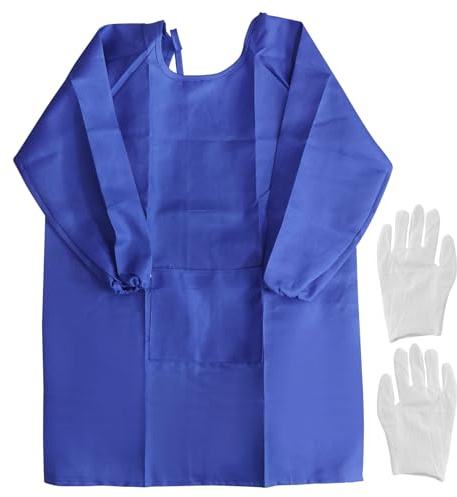 Delantal de pintura azul oscuro, bata pintura, delantal para pintar, delantal de pintura, con 1 par de guantes blancos, delantal manualidades, con mangas y bolsillos para pintar, cocinar, hornear (L)