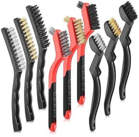 Wire Brush Set, Metal Rust Remover Brushes, Wire Brushes for Cleaning Small Parts Detailing, Brass Copper, Stainless Steel, Nylon Bristles Brushes, Wood, Stove, Sink, Rust & Welding Slag 9 Pieces Set
