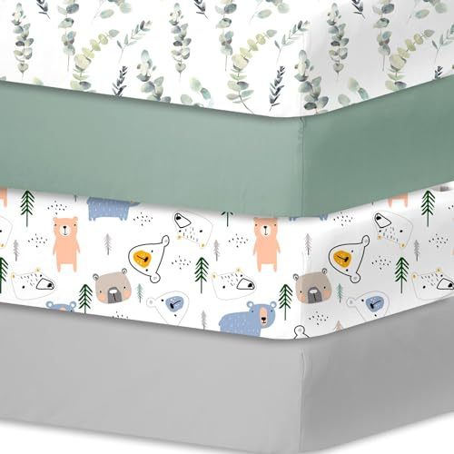 Little Grape Land Lot de 4 draps-housses 70 x 140 cm, pour lit de bébé et lit d'enfant, en microfibre douce, respirants et certifiés Oeko-TEX, lavables, motif feuilles, verts, ours, gris