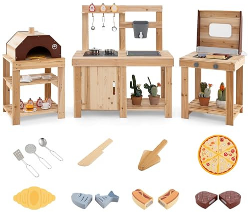 DREAMADE Cuisine Enfant pour Extérieur 3 Pièces, Cuisine de Boue - Barbecue - Four à Pizza avec Boîte à Eau, Évier, Réchauds, Accessoires de Cuisine Riches