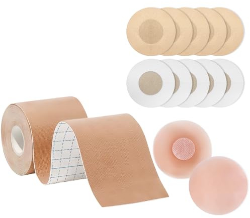 HiBeauty PRO Boob Tape Cinta Adhesiva Pecho, Cinta Pecho Invisible | Con 2 Silicona y 10 Pezoneras Adhesivas Invisibles Desechables, Body Tape para Vestidos sin Tirantes y Tops sin Espalda