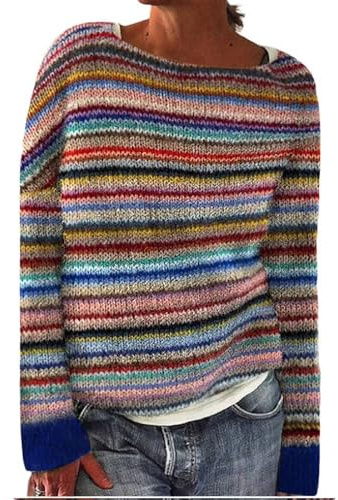 Suéter Mujer Noruego Invierno Cálido Chic Suéter Over Punto Cuello Redondo Manga Larga Sudadera Vintage Patrón Tops Oversize Amplio Cómodo Ropa Mujer Otoño-Invierno