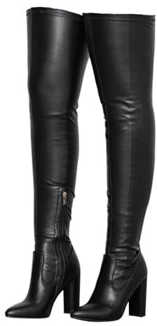 Noir,43,Bottes Hautes Extensibles pour Femmes, Cuissardes Sexy à Bout Pointu et Talons Hauts, Grandes Tailles, en Similicuir avec Fermeture éclair latérale, pour l'hiver