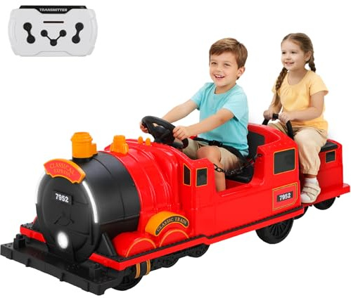 Mamizo Elektro Zug Lokomotive mit Waggon Für Kinder 3-8 Jahren,Wohnzimmer, Garten - 12V Batterie, Elektrisch Mit Fernbedienung, MP3, Musik, Hupe,LED-Streifen,USB,Schaukelmodus- Rot, 4 pcs Räder