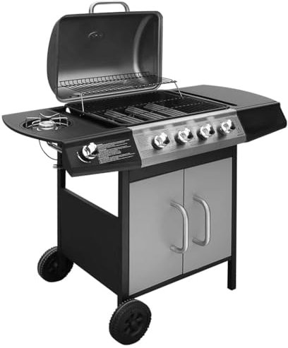vidaXL Barbacoa Grill de Gas 4+1 Quemadores con Ruedas Color Negra y Plateada