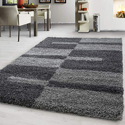 Teppium Moderner Hochflor Teppich Wohnzimmer 250x350 (240 x 340 cm) Grau - Shaggy Flauschiger Teppich, Extra Weich, Pflegeleicht und Kariertes - für Schlafzimmer, Küche und Esszimmer