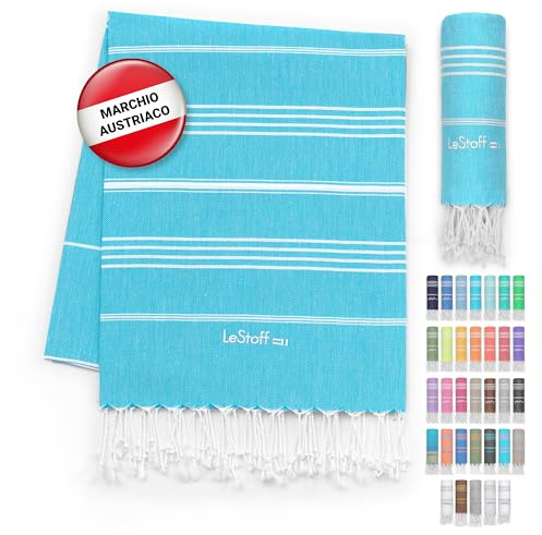 LeStoff Hamamtuch - 100% Bio-Baumwolle, 95 x 180 cm, Vorgewaschen, Saugstark, Schnelltrocknend, Leicht, Kompakt, Sandfrei, Strandtuch, Reisehandtuch, Badetuch, Handtuch groß, Liegetuch, türkis (Aqua)