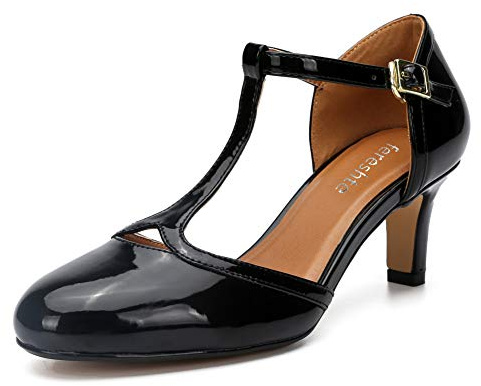 fereshte Women's Men's Mary Jane T-Strap Round Toe Mid Kitten Heel Pumps Shoes black Size: 11.5 Women/10 Men