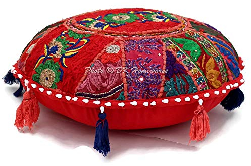 DK Homewares Traditionell Baumwolle bodenkissen bezug 45x45 Sitzkissen Boden Rund Bohemien Rot Patchwork Gestickt Wohnkultur Rund Jahrgang Orientalische Bodenkissen - 18x18 Inch