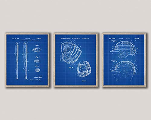 WallBUddy Baseball Bat Baseball Glove Baseball Helmet Patent Prints WB449-451 (29.7cm x 41.9cm (A3), Blueprint)