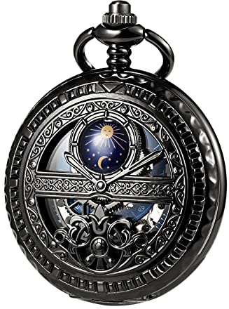 TREEWETO Mechanische Herren Taschenuhr, Sonne und Mond, Skelett, römischen Ziffern, Taschenuhren mit Kette für Herren, Schwarz
