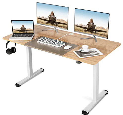 COSTWAY Höhenverstellbarer Schreibtisch, elektrischer Computertisch 140 x 70 cm, mit Stopp-Mechanismus, inkl. Kabelhaterung & Haken, ideal für Homeoffice und Büro (Eiche)