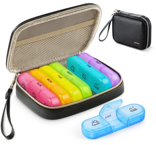 AUVON Weekly Pill Organizer 3 Times a Day, Large Pill Box 7 Day with A PU Leather Bag, Protabel Travel Pill Case Medication Reminder, Daily Pill Box 3 Times a Day for Vitamins, Fish Oils, Supplements