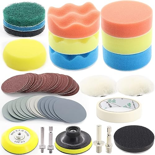 74PCS 3Inch Car Headlight Restoration and Polishing Kit, Sanding Discs with 1/4 and M10 Backing Pad,Scouring Pads, Interface Pad, Wool Polishing Buffing Pad Polishing Buffing Wheel