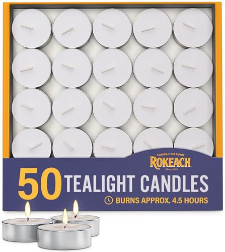 Rokeach Unscented Tea Lights Candles, (50 Count) 4.5 Hours | Votives Small Candles, Long Lasting Tea Lights | Bulk for Shabbat, Home, Events, Holidays, Pool Side Decor, Weddings and Emergencies