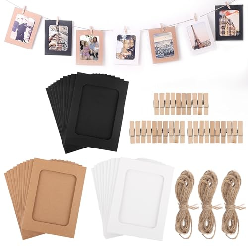 DAJAVE Lot de 90 cadres photo en papier - 10 x 15 cm - Lot Cadre Photo, Cadre Photo Avec Pince En carton - À poser - Autocollants - Pour salle de classe - Avec pinces en bois et cordes de chanvre