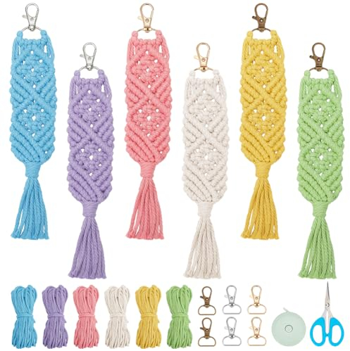 FREEBLOSS 6 Set DIY Makramee-Schlüsselanhänger-Set, Buntes Makramee-Set, Makramee-Schlüsselanhänger Mit Video-Tutorial, Schlüsselanhänger Set Für Anfänger, Makramee-Schlüsselanhänger-Set