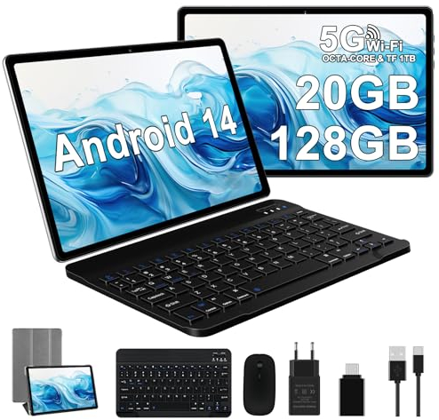 Tablet Android 10 Zoll Ultraschnelles PC mit Widevine L1, 5G WiFi 6 Octa-Core | 20GB RAM + 128GB ROM (TF 1TB) | FHD IPS | Doppelkamera, GPS |, BT 5.0,2025 Neueste Tablet mit Tastatur und Maus, Silber