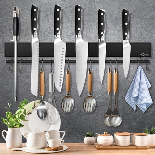 Dmore magnetic knife holder for wall—with 10 hooks, No Drilling 17 Inch black knife magnetic strip, Extra Strong Magnet knife rack, include Adhesive Tape and screws for Knives and Tools