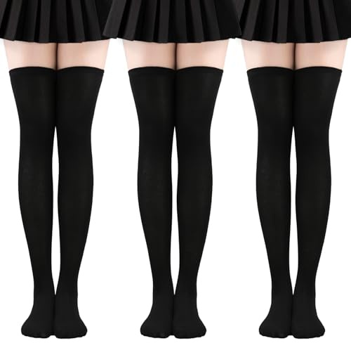 EUPSIIU 3 Paires Femme Extra Longues Chaussettes, Chaussette Hautes Montantes, Chaussettes Décontractées, Chaussette de Genoux Longues Style Simple pour Filles, école, Cosplay (Noir)