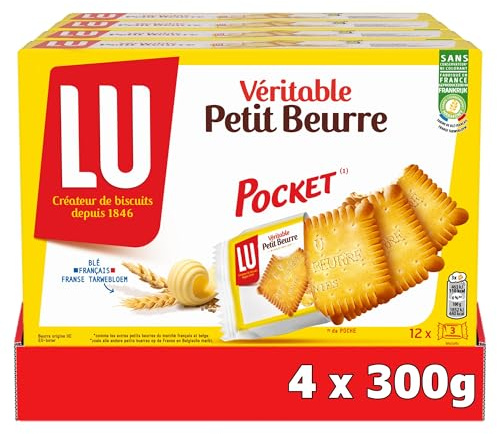 LU - Genuine Petit Beurre Pocket - 4 scatole da 12 sacchetti da 3 biscotti Petit Beurre - Set di biscotti in sacchetti singoli - Ideale per uno spuntino gourmet per bambini - Set di 4x300g