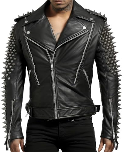Sumairah Herren-Motorrad-Jacke mit Rockärmeln und Rücken, Punk-Spike-Nieten, Motorrad-Biker-Reißverschluss, Moto-Echtlederjacken, Schwarz - Echtleder, XXL