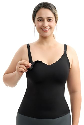 Momcozy Nursing Tank Tops for Breastfeeding, Seamless Nursing Cami with Built-in Bra, Adjustable Straps, Scalloped Design Black