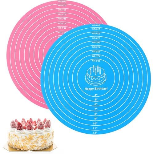 2 Pcs Silicone Baking Mat, Round Large Baking Mat with Measurements Non Stick Dough Rolling Mat Pastry Mat for Making Cookies Macarons Bread Baking Accessories (Pink, Blue)
