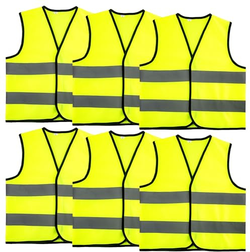 6 Pcs Kids Hi Vis Vest Child High Visibility Vest Kids Hi Vis Jacket Children Hi Vis Safety Vests with Reflective Strips for Girls Boys Outdoor Activities, Yellow (L, 10-12 years(130-140 cm))