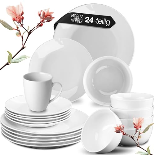 Moritz & Moritz BASIC 24-tlg. Geschirrset 6 Personen modern - aus hochwertigem Porzellan in klassischem Weiß - bestehend aus 6x Dinnerteller, 6x Dessertteller, 6x Schalen & 6x Tassen