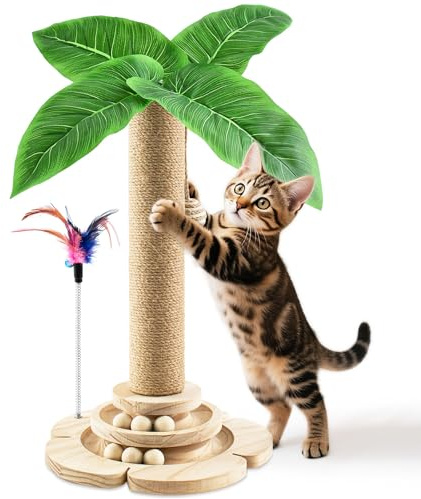 Uoiispet Kitten Scratching Post Small Cat Tree for Indoor Cats, 45cm Heavy Duty Cat Scratch Pole with Sisal Rope Ball, Spring Feather, Stable Scratching Post for Kittens, Non-Slip Base Wooden Toy