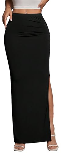 GORGLITTER Women's Split Thigh Ruched Pencil Maxi Skirt Sexy Bodycon Skinny Clubbing Fitted Summer Party Long Skirts Black M