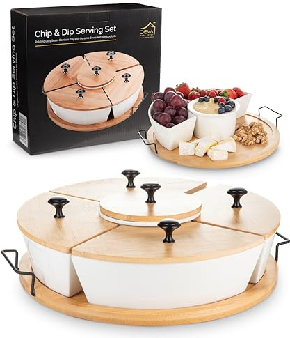 DEVA Home Design Chip and Dip Serving Set | Rotating Bamboo Lazy Susan Appetizer Tray with Black Handles | White Ceramic Bowls with Bamboo Lids | Divided Round Party Platter | Giftable