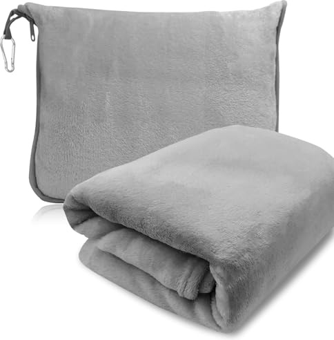 ROEOWENE Couverture de Voyage 2 en 1 pour Avion,Voiture et Bureau Douce et Chaude Couverture et Oreiller de Voyage Portable avec Clip Sac à Dos pour Adultes,Enfants,Femmes,Hommes-Gris