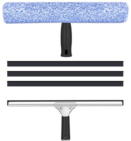 Set med 5 professionella fönsterrengörare 35 cm med silikonblad, mikrofiberkvast med hög absorption, komplett set för rengöring av fönster, glas, spegel, bil, badrum