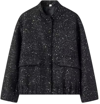 Generisch Women's short jacket in tweed look, elegant bouclé box jacket without collar for a chic look, lightweight blazer replacement for office and everyday use, Style_x01 Black, L